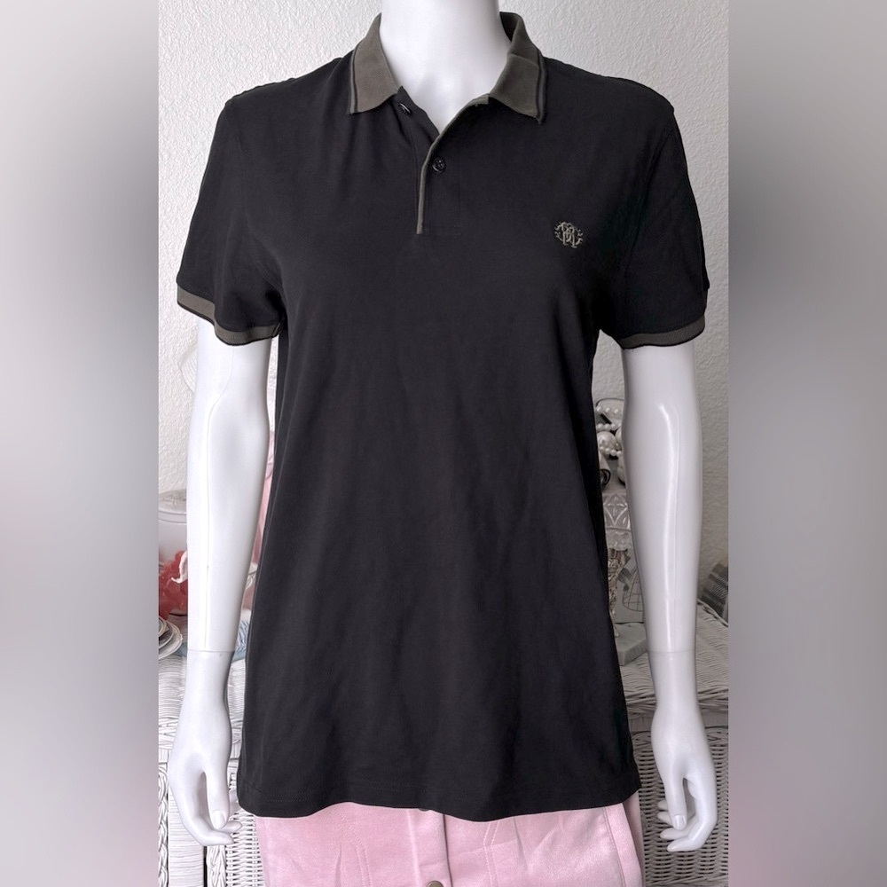 Roberto Cavalli Polo Cotton Knit  iconic Insignia in Black & Olive Green Size L
